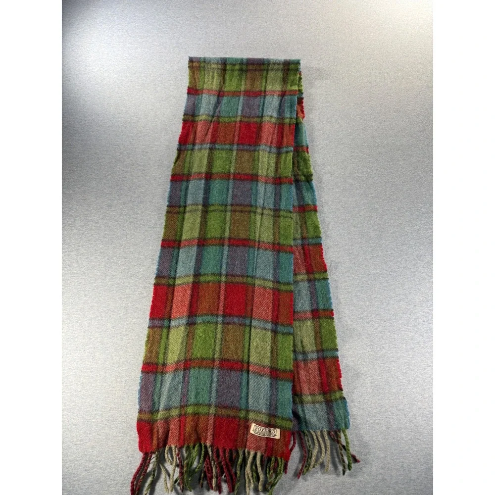 Foxford Ireland 100% Lambswool Scarf Plaid Green Red Blue Fringed Irish Made